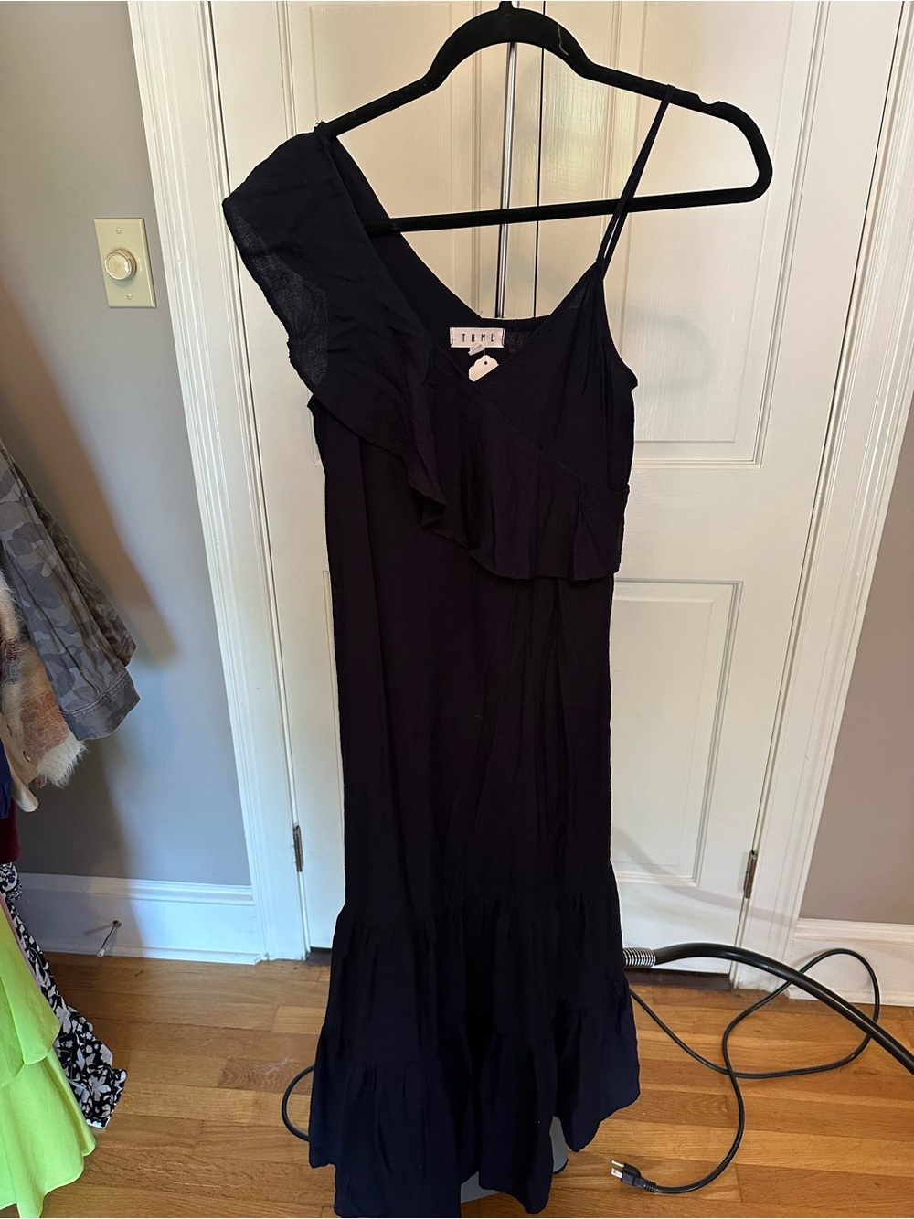THML Navy One-Shoulder Ruffle Maxi Dress